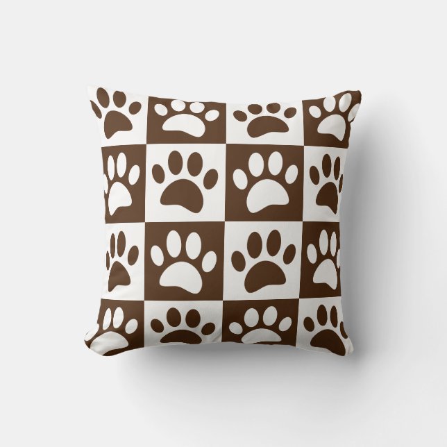 Cute Cartoon Paw Prints Brown Checkerboard Throw Pillow (Front)