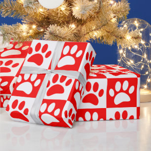Cute Cartoon Paw Prints Checkerboard Bright Color Wrapping Paper