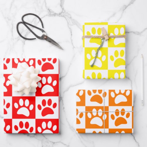 Cute Cartoon Paw Prints Checkerboard Bright Colors Wrapping Paper Sheets