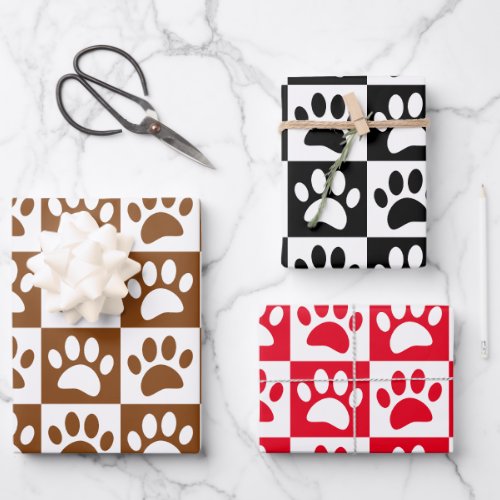 Cute Cartoon Paw Prints Checkerboard Wrapping Paper Sheets