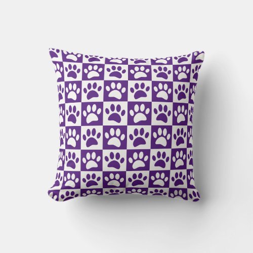 Cute Cartoon Paw Prints Purple Checkerboard Throw Pillow