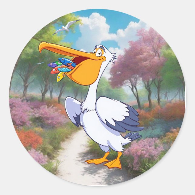 Cute Cartoon Pelican with Fish, sea bird Classic Round Sticker (Front)