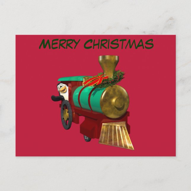 Cute Cartoon Penguin and Christmas Train Holiday Postcard (Front)