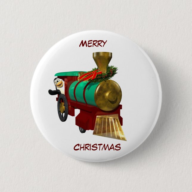 Cute Cartoon Penguin and Christmas Train Pinback Button (Front)