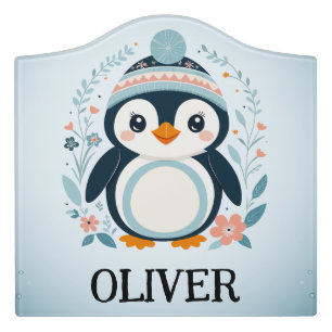 Cute Cartoon Penguin and Flowers Door Sign