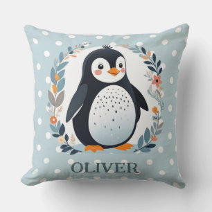 Cute Cartoon Penguin and Flowers Throw Pillow