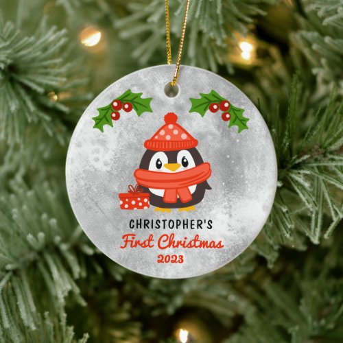 Cute Cartoon Penguin Babys First Christmas Photo  Ceramic Ornament