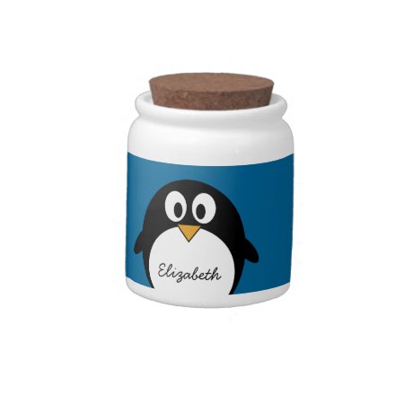 Cute Cartoon Penguin Blue Background Candy Jar