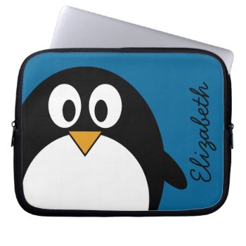 Cute Cartoon Penguin Blue Background Laptop Sleeve by MyPetShop at Zazzle
