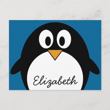 Cute Cartoon Penguin Blue Background Postcard by MyPetShop at Zazzle