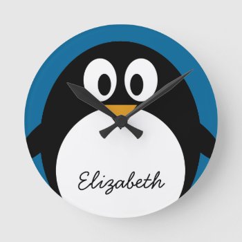 Cute Cartoon Penguin Blue Background Round Clock by MyPetShop at Zazzle