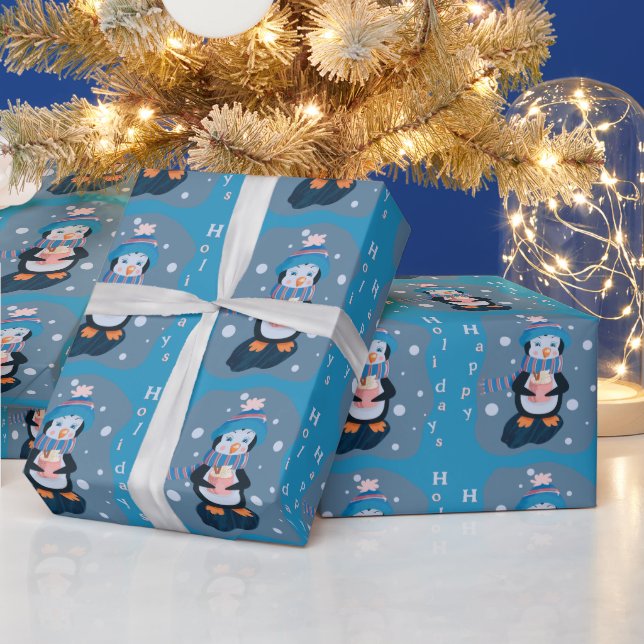 Cute Cartoon Penguin Blue Holidays Wrapping Paper (Holidays)