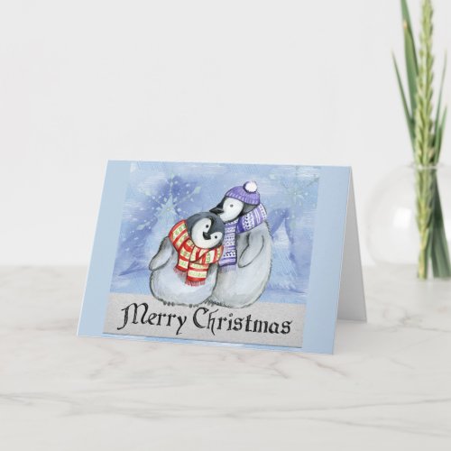 Cute Cartoon Penguin Couple Merry Christmas Wish Card