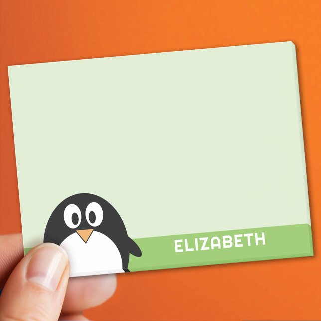 Cute Cartoon Penguin - Custom Name Green Post-it Notes (Custom Post It Note Pad)
