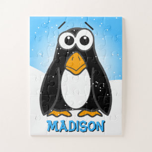 Cute Cartoon Penguin Customizable Name Kids Jigsaw Puzzle