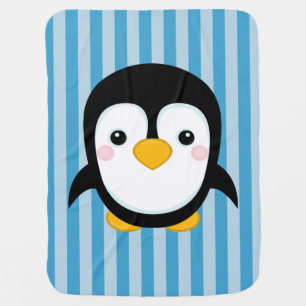 Cute Cartoon Penguin Design Blue Stripes Pattern Stroller Blanket