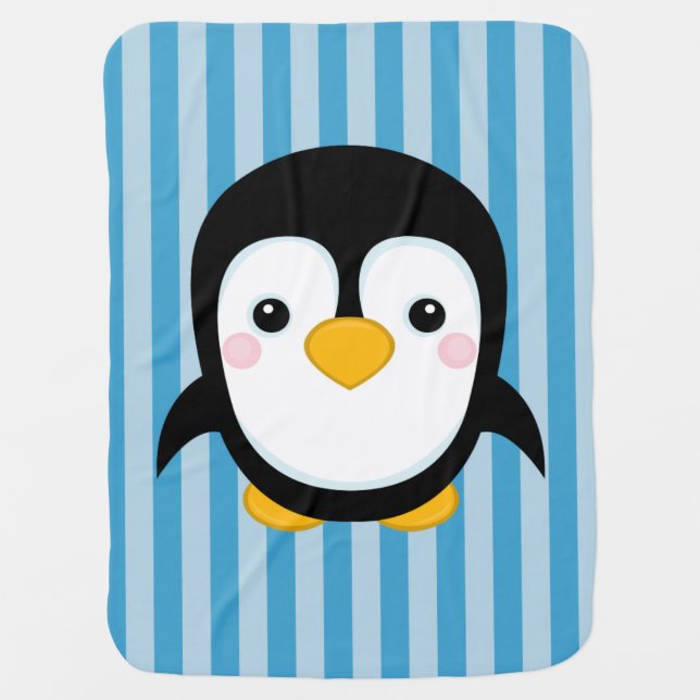 Cute Cartoon Penguin Design Blue Stripes Pattern Stroller Blanket (Front)