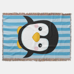 Cute Cartoon Penguin Design Blue Stripes Pattern Throw Blanket