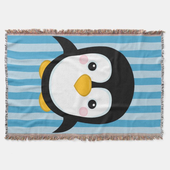 Cute Cartoon Penguin Design Blue Stripes Pattern Throw Blanket (Front)