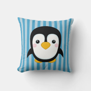 Cute Cartoon Penguin Design Blue Stripes Pattern Throw Pillow