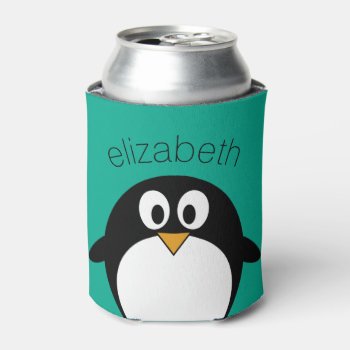 Cute Cartoon Penguin Emerald And Black Can Cooler by MyPetShop at Zazzle