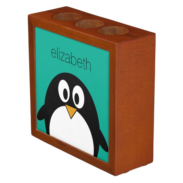 cute cartoon penguin emerald and black desk organizer (Angled)