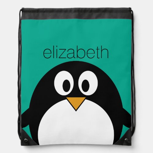 cute cartoon penguin emerald and black drawstring bag