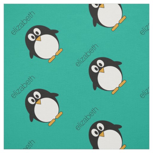 cute cartoon penguin emerald and black fabric