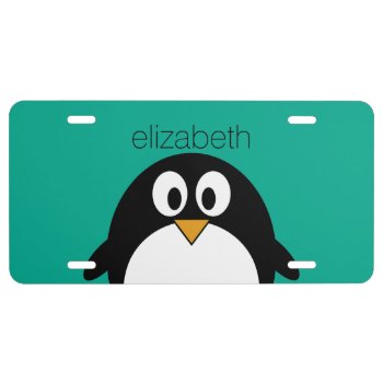 Cute Cartoon Penguin Emerald And Black License Plate by MyPetShop at Zazzle