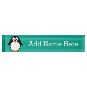 Cute Cartoon Penguin Emerald And Black Name Plate by MyPetShop at Zazzle