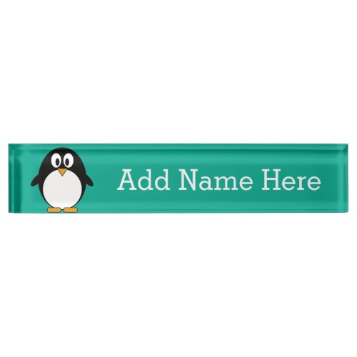 cute cartoon penguin emerald and black name plate