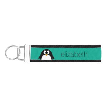 Cute Cartoon Penguin Emerald And Black Wrist Keychain by MyPetShop at Zazzle