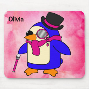 Cute cartoon penguin flowery pastel pink mouse pad