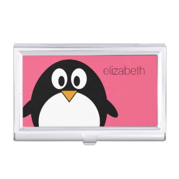 Cute Cartoon Penguin Illustration Hot Pink Black Business Card Case by MyPetShop at Zazzle