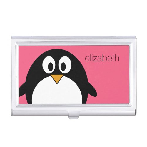 Cute Cartoon penguin Illustration Hot Pink Black Business Card Case