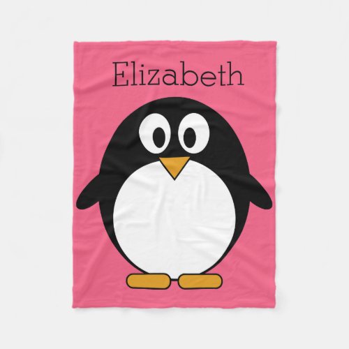 Cute Cartoon penguin Illustration Hot Pink Black Fleece Blanket