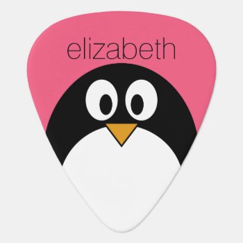 Cute Cartoon Penguin Illustration Hot Pink Black Guitar Pick by MyPetShop at Zazzle