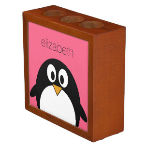 Cute Cartoon penguin Illustration Hot Pink Black Pencil/Pen Holder