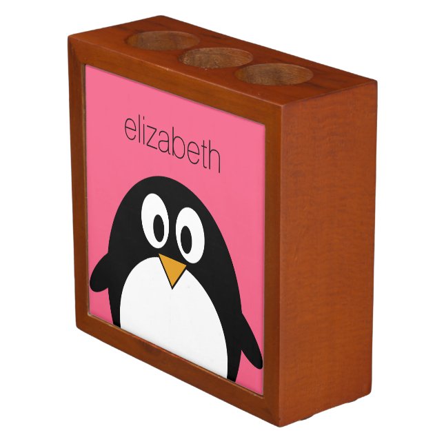 Cute Cartoon penguin Illustration Hot Pink Black Pencil/Pen Holder (Angled)