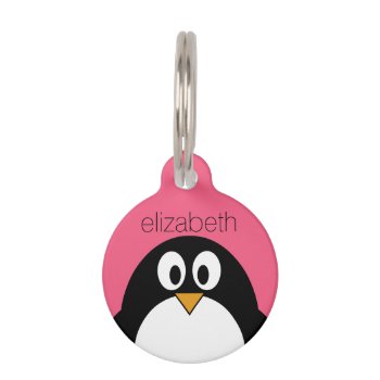 Cute Cartoon Penguin Illustration Hot Pink Black Pet Name Tag by MyPetShop at Zazzle