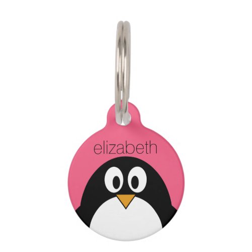 Cute Cartoon penguin Illustration Hot Pink Black Pet Name Tag