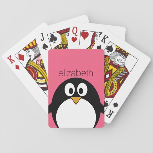 Cute Cartoon penguin Illustration Hot Pink Black Playing Cards