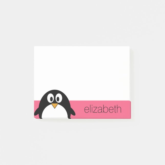 Cute Cartoon penguin Illustration Hot Pink Black Post-it Notes (Front)