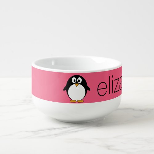 Cute Cartoon penguin Illustration Hot Pink Black Soup Mug