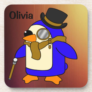 Cute cartoon penguin light leather brown beverage coaster