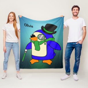 Cute cartoon penguin light teal emerald green fleece blanket
