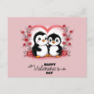 Cute Cartoon Penguin Lovers Heart Valentine’s Day Postcard
