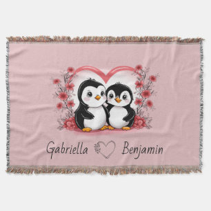 Cute Cartoon Penguin Lovers Heart Valentine’s Day  Throw Blanket