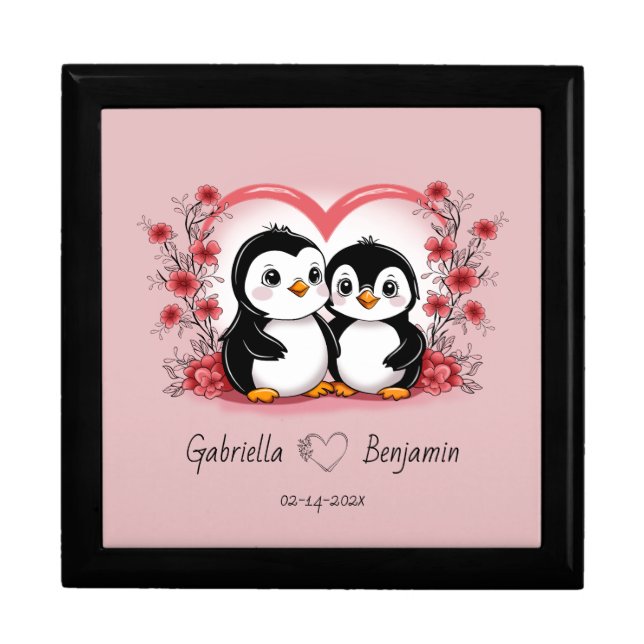 Cute Cartoon Penguin Lovers Hearts Valentine’s Day Gift Box (Front)