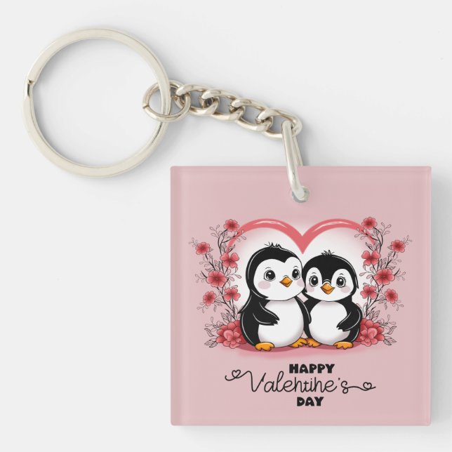 Cute Cartoon Penguin Lovers Hearts Valentine’s Day Keychain (Front)
